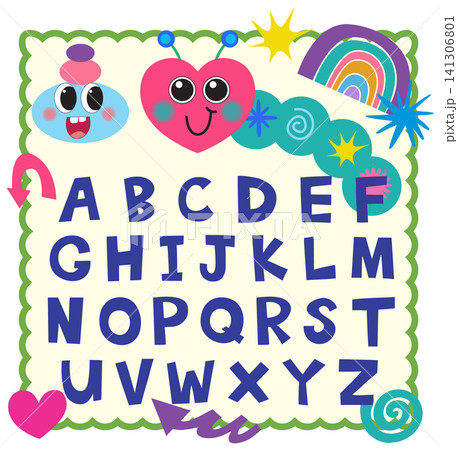 Colorful Educational Alphabet Poster with Cute Cartoon Characters and Rainbow 141306801