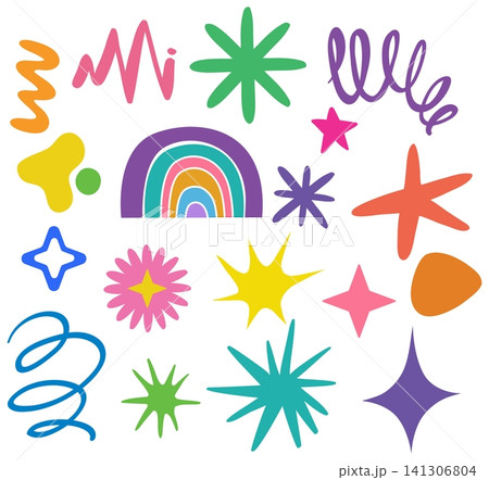 Colorful Playful Doodle Sticker Set with Rainbow and Star Shapes Colorful Playful Doodle Sticker Set with Rainbow and Star Shapes 141306804