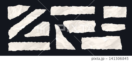 Scrapbook jagged edges torn paper set. Wrinkled paper strip piece collection. Crumpled elements and shapes for sticker, collage, text box, banner, poster. Vector blank textured ripped fragment sheet Scrapbook jagged edges torn paper set. Wrinkled paper strip piece collection. Crumpled elements and shapes for sticker, collage, text box, banner, poster. Vector blank textured ripped fragment sheet 141306845