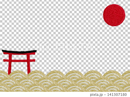 【鳥居と太陽と青海波の横フレーム】手刺繍イラスト素材 141307180