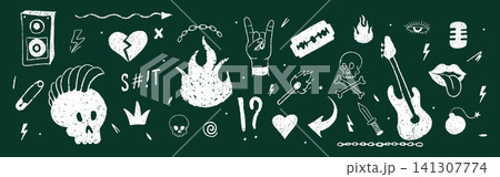 Retro punk music art. Charcoal school doodles on blackboard background. Vector crayon sketchbook skulls. Ink wax textures and wild music notes Retro punk music art. Charcoal school doodles on blackboard background. Vector crayon sketchbook skulls. Ink wax textures and wild music notes 141307774