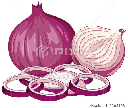 Vector Illustration of Whole and Sliced Red Onions with Rings 141308108