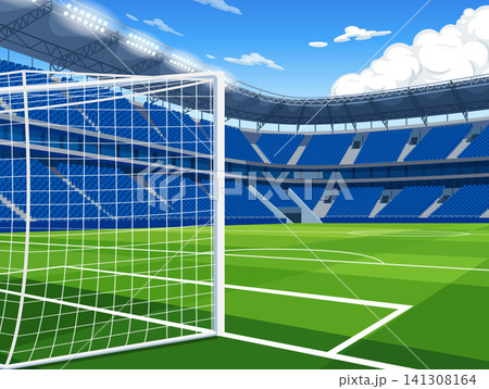 Empty Soccer Stadium with Goal Post and Green Grass Field Illustration Empty Soccer Stadium with Goal Post and Green Grass Field Illustration 141308164
