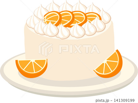 Elegant orange dessert cake with creamy frosting and fruit decoration for bakery product and sweet food presentation Elegant orange dessert cake with creamy frosting and fruit decoration for bakery product and sweet food presentation 141309199