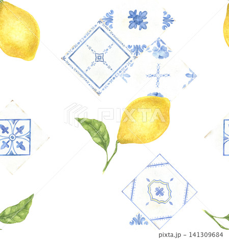 Watercolor seamless pattern inspired by Portuguese azulejo and Mediterranean ceramics. Hand painted geometric illustration for fabric, wallpaper, kitchen textiles and coastal interiors. 141309684