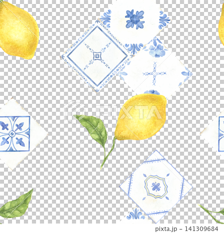 Watercolor seamless pattern inspired by Portuguese azulejo and Mediterranean ceramics. Hand painted geometric illustration for fabric, wallpaper, kitchen textiles and coastal interiors. 141309684