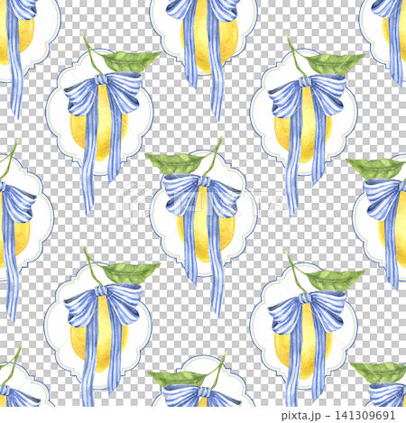Watercolor seamless pattern with lemons and blue bows. Hand painted Mediterranean illustration for fabric, wallpaper, nursery textiles, table linen, sewing and quilting projects. Watercolor seamless pattern with lemons and blue bows. Hand painted Mediterranean illustration for fabric, wallpaper, nursery textiles, table linen, sewing and quilting projects. 141309691