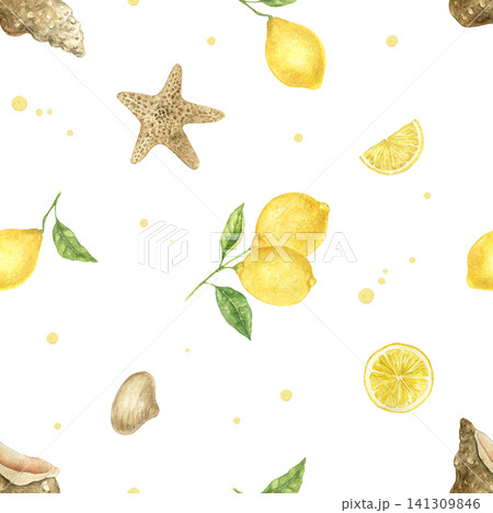 Watercolor seamless pattern with lemons, shells and starfish. Hand painted Mediterranean illustration for fabric, wallpaper, beach textiles, kitchen linen and summer accessories. Watercolor seamless pattern with lemons, shells and starfish. Hand painted Mediterranean illustration for fabric, wallpaper, beach textiles, kitchen linen and summer accessories. 141309846