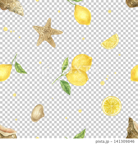Watercolor seamless pattern with lemons, shells and starfish. Hand painted Mediterranean illustration for fabric, wallpaper, beach textiles, kitchen linen and summer accessories. Watercolor seamless pattern with lemons, shells and starfish. Hand painted Mediterranean illustration for fabric, wallpaper, beach textiles, kitchen linen and summer accessories. 141309846