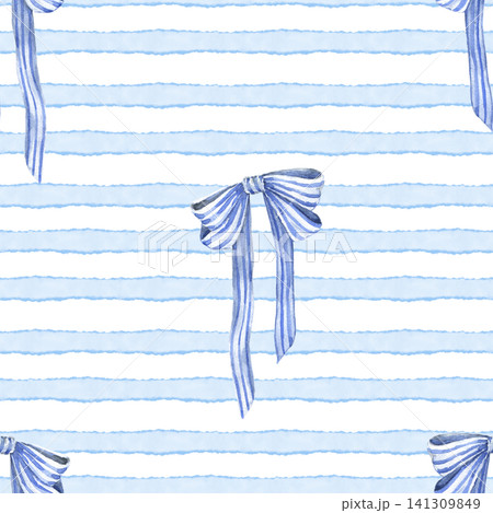Watercolor seamless pattern with blue bows on striped sailor background. Hand painted illustration for fabric, wallpaper, nursery textiles, gift wrap, sewing projects and table linen. Watercolor seamless pattern with blue bows on striped sailor background. Hand painted illustration for fabric, wallpaper, nursery textiles, gift wrap, sewing projects and table linen. 141309849