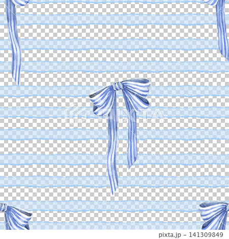Watercolor seamless pattern with blue bows on striped sailor background. Hand painted illustration for fabric, wallpaper, nursery textiles, gift wrap, sewing projects and table linen. Watercolor seamless pattern with blue bows on striped sailor background. Hand painted illustration for fabric, wallpaper, nursery textiles, gift wrap, sewing projects and table linen. 141309849