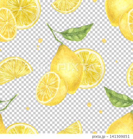 Watercolor seamless pattern with lemons, citrus slices and green leaves. Hand painted Mediterranean illustration for fabric, wallpaper, kitchen textiles, table linen and summer decor. Watercolor seamless pattern with lemons, citrus slices and green leaves. Hand painted Mediterranean illustration for fabric, wallpaper, kitchen textiles, table linen and summer decor. 141309851