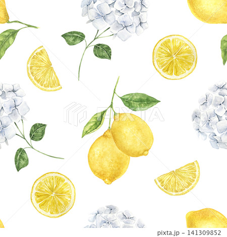 Watercolor seamless pattern with lemons, hydrangeas and citrus slices. Hand painted botanical illustration for fabric, wallpaper, kitchen textiles, table linen and summer decor. Watercolor seamless pattern with lemons, hydrangeas and citrus slices. Hand painted botanical illustration for fabric, wallpaper, kitchen textiles, table linen and summer decor. 141309852