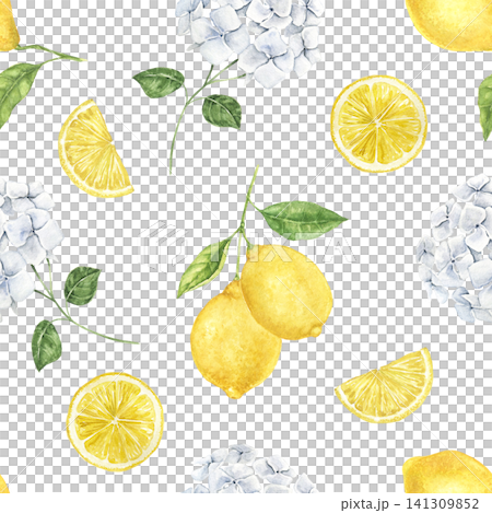 Watercolor seamless pattern with lemons, hydrangeas and citrus slices. Hand painted botanical illustration for fabric, wallpaper, kitchen textiles, table linen and summer decor. Watercolor seamless pattern with lemons, hydrangeas and citrus slices. Hand painted botanical illustration for fabric, wallpaper, kitchen textiles, table linen and summer decor. 141309852