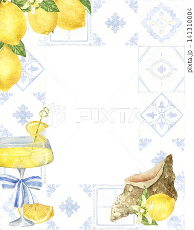 Watercolor frame with Portuguese azulejo tiles, lemons, Lemon Drop martini and seashell. Hand painted Mediterranean illustration for cocktail menus, restaurants, beach weddings and recipes. Watercolor frame with Portuguese azulejo tiles, lemons, Lemon Drop martini and seashell. Hand painted Mediterranean illustration for cocktail menus, restaurants, beach weddings and recipes. 141310004