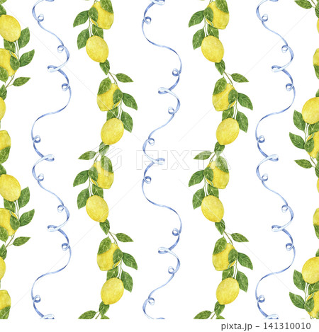 Watercolor seamless pattern with lemon branches and blue bows. Hand painted Mediterranean design for fabric, wallpaper, table linens, kitchen textiles and summer sewing projects. Watercolor seamless pattern with lemon branches and blue bows. Hand painted Mediterranean design for fabric, wallpaper, table linens, kitchen textiles and summer sewing projects. 141310010