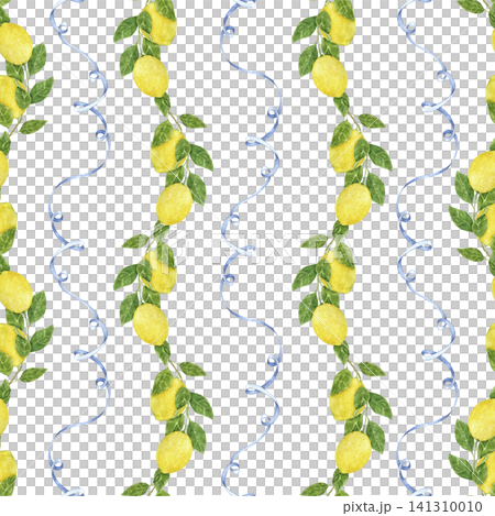 Watercolor seamless pattern with lemon branches and blue bows. Hand painted Mediterranean design for fabric, wallpaper, table linens, kitchen textiles and summer sewing projects. Watercolor seamless pattern with lemon branches and blue bows. Hand painted Mediterranean design for fabric, wallpaper, table linens, kitchen textiles and summer sewing projects. 141310010