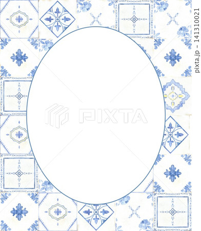Watercolor oval frame with Portuguese azulejo and Mediterranean ceramic tiles. Hand painted geometric border for wedding invitations, menus, recipes, certificates and travel designs. 141310021