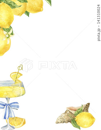 Watercolor corner with lemons, Lemon Drop martini and seashell. Hand painted Mediterranean illustration for cocktail menus, summer parties, restaurants, recipes and coastal decor. Watercolor corner with lemons, Lemon Drop martini and seashell. Hand painted Mediterranean illustration for cocktail menus, summer parties, restaurants, recipes and coastal decor. 141310024