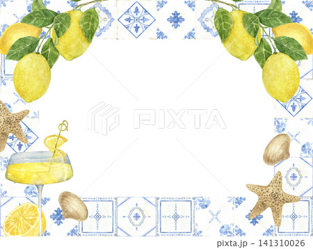 Watercolor frame with lemons, Portuguese azulejo tiles, mojito, Lemon Drop martini, seashells and starfish. Hand painted illustration for menus, restaurants and beach weddings. Watercolor frame with lemons, Portuguese azulejo tiles, mojito, Lemon Drop martini, seashells and starfish. Hand painted illustration for menus, restaurants and beach weddings. 141310026