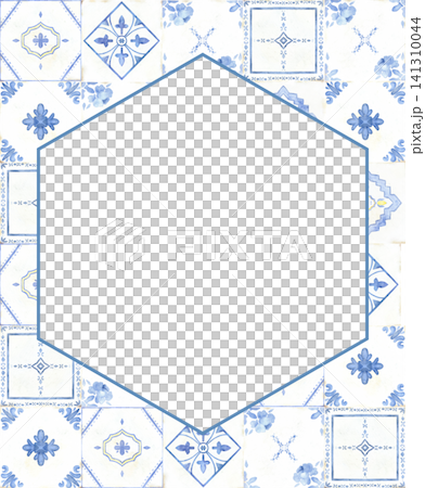 Watercolor hexagon frame with Portuguese azulejo and Mediterranean ceramic tiles. Hand painted geometric illustration for wedding invitations, menus, recipe cards and travel themed designs. Watercolor hexagon frame with Portuguese azulejo and Mediterranean ceramic tiles. Hand painted geometric illustration for wedding invitations, menus, recipe cards and travel themed designs. 141310044