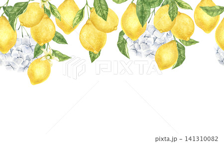 Watercolor top border with lemons, hydrangeas and green leaves. Hand painted botanical illustration for wedding invitations, menus, stationery, labels and Mediterranean designs. 141310082