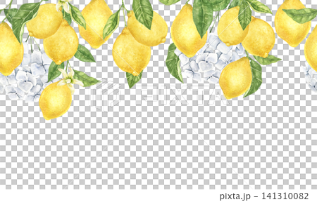 Watercolor top border with lemons, hydrangeas and green leaves. Hand painted botanical illustration for wedding invitations, menus, stationery, labels and Mediterranean designs. 141310082
