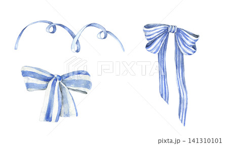 Watercolor clipart set with blue striped bows and ribbons. Hand painted decorative elements for invitations, stationery, baby shower, wedding, apparel and craft projects. Watercolor clipart set with blue striped bows and ribbons. Hand painted decorative elements for invitations, stationery, baby shower, wedding, apparel and craft projects. 141310101