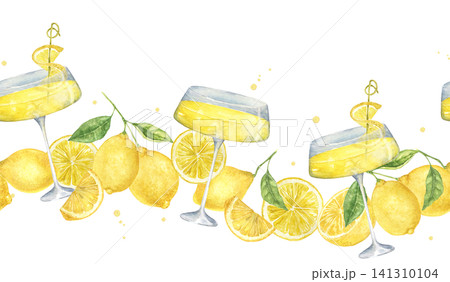 Watercolor lemon border with cocktail glasses, citrus slices and blue ribbons. Hand painted summer illustration for cocktail menus, bar signs, drink labels, party invitations and restaurants. Watercolor lemon border with cocktail glasses, citrus slices and blue ribbons. Hand painted summer illustration for cocktail menus, bar signs, drink labels, party invitations and restaurants. 141310104