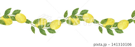 Watercolor seamless lemon border with citrus branches and green leaves. Hand painted Mediterranean illustration for fabric, wallpaper, gift wrap, kitchen decor and food packaging. Watercolor seamless lemon border with citrus branches and green leaves. Hand painted Mediterranean illustration for fabric, wallpaper, gift wrap, kitchen decor and food packaging. 141310106