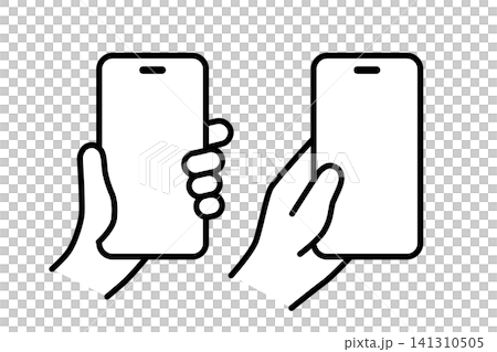 スマートフォンを持つ手のイラストのセット|モノクロ スマートフォンを持つ手のイラストのセット|モノクロ 141310505