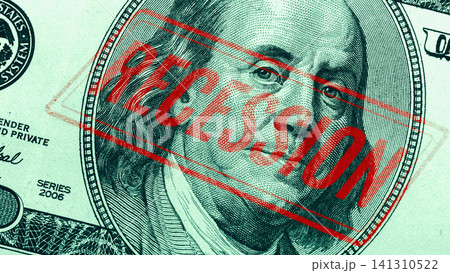 Chart shows money with recession label on a ten-dollar bill from the US Chart shows money with recession label on a ten-dollar bill from the US 141310522