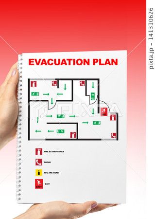 Emergency 911 evacuation plan showing routes and exits for safety during emergencies in a building Emergency 911 evacuation plan showing routes and exits for safety during emergencies in a building 141310626