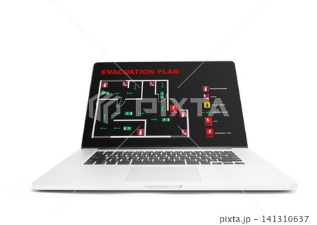 Evacuation plan displayed on a laptop for emergency 911 situations in a building layout Evacuation plan displayed on a laptop for emergency 911 situations in a building layout 141310637