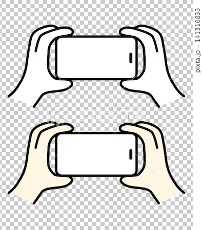 一隻手橫向握著智慧型手機的插圖 | 單色和彩色版本合集 一隻手橫向握著智慧型手機的插圖 | 單色和彩色版本合集 141310833