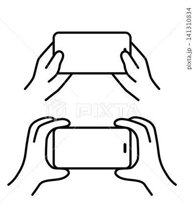 横向きのスマートフォンを持つ手のイラストのセット|モノクロ 横向きのスマートフォンを持つ手のイラストのセット|モノクロ 141310834
