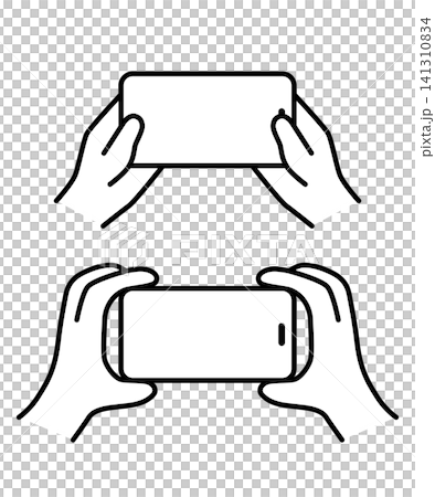 横向きのスマートフォンを持つ手のイラストのセット|モノクロ 横向きのスマートフォンを持つ手のイラストのセット|モノクロ 141310834