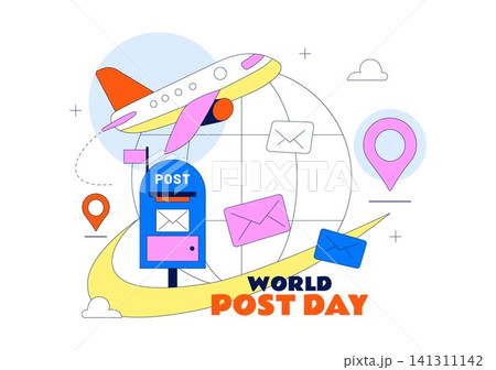 World Postal Day Illustration Featuring Global Mail Delivery, Postal Service, Letters, Parcel Shipping, Communication Network, and Courier System 141311142