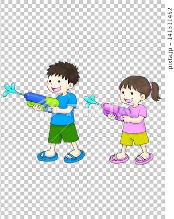 水鉄砲で遊ぶ男の子と女の子(普段着・夏・透過イラスト) 水鉄砲で遊ぶ男の子と女の子(普段着・夏・透過イラスト) 141311452