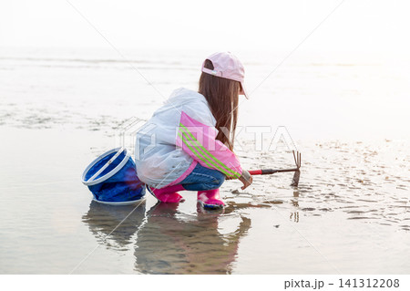 Little girl in a pink cap and raincoat using a rake tool to find crabs on a wet mudflat. Little girl in a pink cap and raincoat using a rake tool to find crabs on a wet mudflat. 141312208