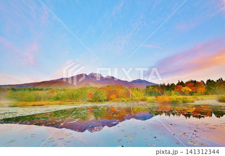 紅葉の新潟県妙高市妙高高原いもり池・冠雪の妙高山風景 紅葉の新潟県妙高市妙高高原いもり池・冠雪の妙高山風景 141312344