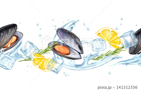 Fresh seafood mussels seamless border hand-drawn illustration 141312356