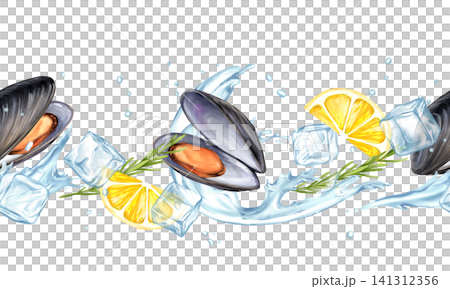 Fresh seafood mussels seamless border hand-drawn illustration 141312356