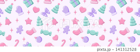 Pastel winter holiday seamless pattern featuring flat vector illustration of gingerbread cookie, xmas tree, gift box and star sparkle for greeting cards and packaging 141312528