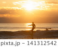 湘南鵠沼海岸  夕陽色に輝く海でサーフィン 141312542