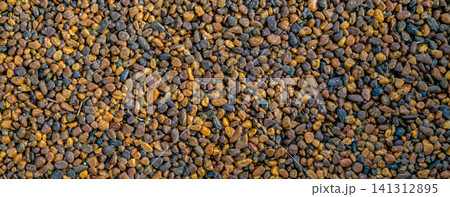 Close up texture of small brown golden gravel pebbles scattered on ground, natural landscaping and construction material concept Close up texture of small brown golden gravel pebbles scattered on ground, natural landscaping and construction material concept 141312895