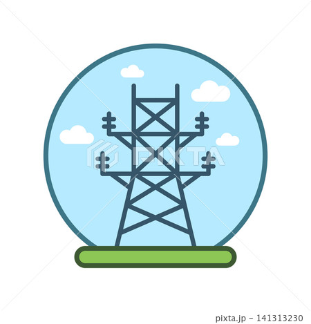 Power tower icon in flat cartoon style. High voltage colorful vector illustration on isolated background. Electrical construction sign business concept. Power tower icon in flat cartoon style. High voltage colorful vector illustration on isolated background. Electrical construction sign business concept. 141313230