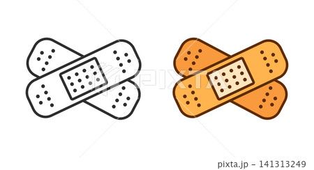 Adhesive plaster icon in flat style. Elastic medical bandage vector illustration on isolated background. Wound patch sign business concept. Adhesive plaster icon in flat style. Elastic medical bandage vector illustration on isolated background. Wound patch sign business concept. 141313249