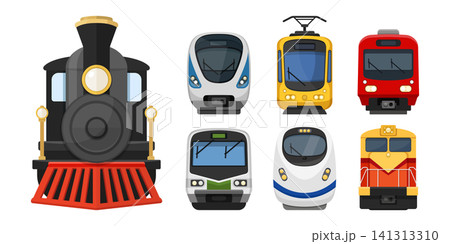 Modern speed train icon set collection in flat colorful style. Railroad transport vector illustration on isolated background. Locomotive sign business concept. Modern speed train icon set collection in flat colorful style. Railroad transport vector illustration on isolated background. Locomotive sign business concept. 141313310