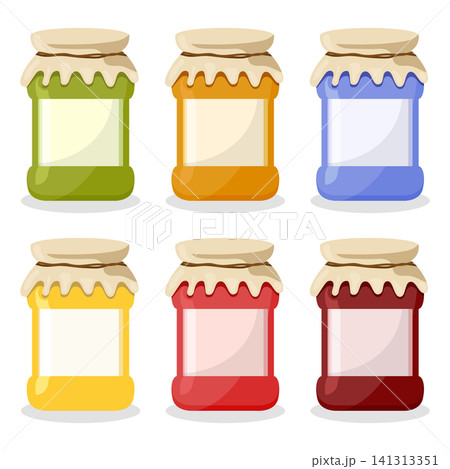 Cherry, strawberry, pear jam in glass jar icon set collection in flat style. Orange, blueberry, apple sweet food vector illustration on isolated background. Peach, raspberry, apricot, plum dessert Cherry, strawberry, pear jam in glass jar icon set collection in flat style. Orange, blueberry, apple sweet food vector illustration on isolated background. Peach, raspberry, apricot, plum dessert 141313351